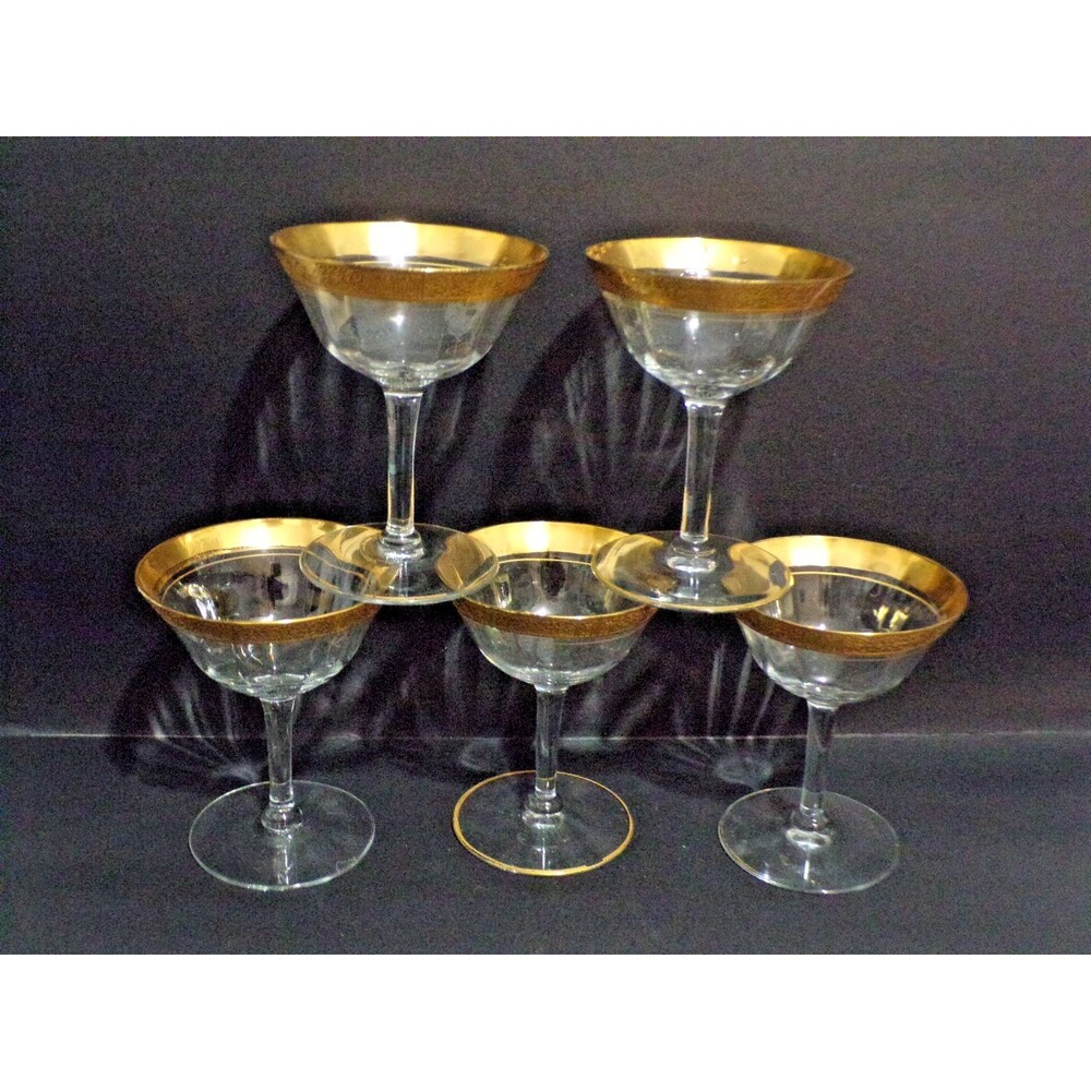 Tiffin Franciscan Champagne Glasses Set of 5 Gold Trim Etched Ramblin Rose 4 Oz